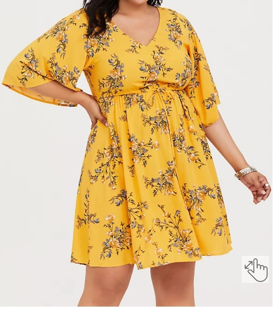 Torrid Yellow Floral Kimono Sleeve Strappy Back Challis Dress